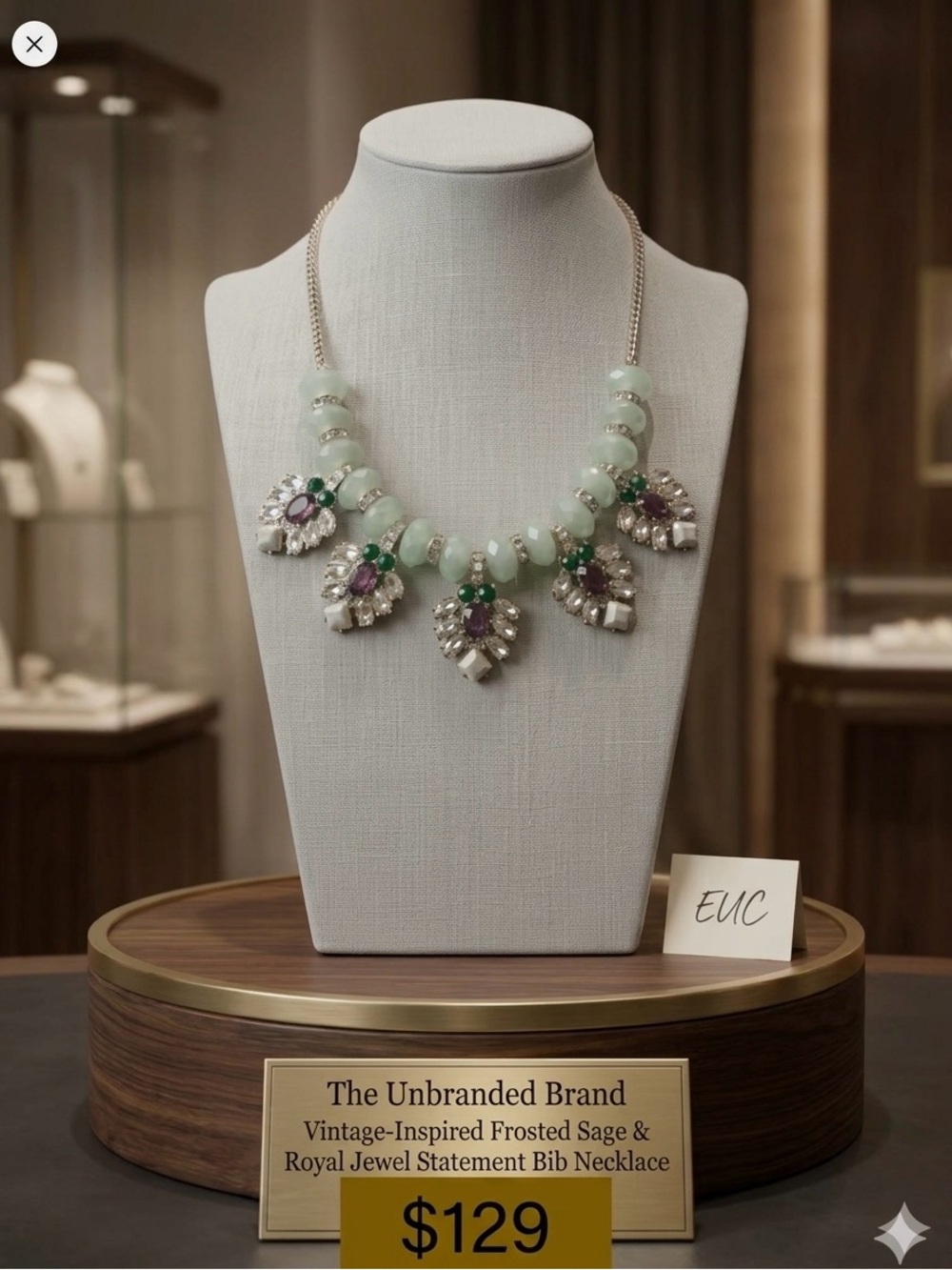 Vintage-Inspired Frosted Sage & Royal Jewel Statement Bib Necklace EUC